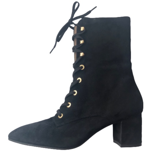 Stuart Weitzman Nichelle Black Suede Block-Heel Booties Lace-Up Size 8 Grommets - Picture 2 of 14
